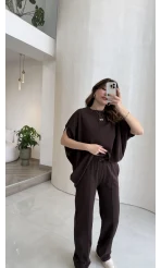 Asimetrik Kesim Pamuk Kumaş Takım - Kahverengi - Kod: 6928