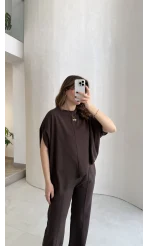 Asimetrik Kesim Pamuk Kumaş Takım - Kahverengi - Kod: 6928