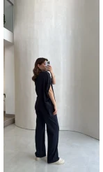 Asimetrik Kesim Pamuk Kumaş Takım - Lacivert - Kod: 6928