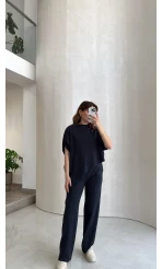 Asimetrik Kesim Pamuk Kumaş Takım - Lacivert - Kod: 6928
