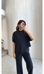 Asimetrik Kesim Pamuk Kumaş Takım - Lacivert - Kod: 6928
