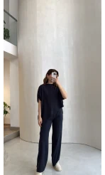 Asimetrik Kesim Pamuk Kumaş Takım - Lacivert - Kod: 6928