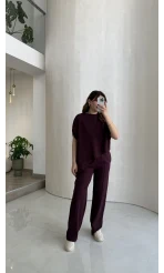 Asimetrik Kesim Pamuk Kumaş Takım - Mürdüm - Kod: 6928