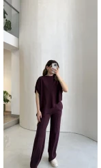 Asimetrik Kesim Pamuk Kumaş Takım - Mürdüm - Kod: 6928