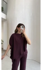 Asimetrik Kesim Pamuk Kumaş Takım - Mürdüm - Kod: 6928