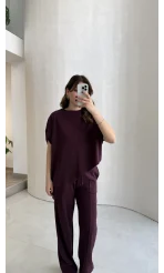 Asimetrik Kesim Pamuk Kumaş Takım - Mürdüm - Kod: 6928