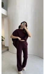 Asimetrik Kesim Pamuk Kumaş Takım - Mürdüm - Kod: 6928