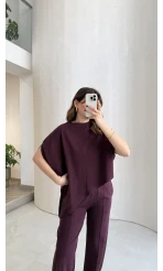 Asimetrik Kesim Pamuk Kumaş Takım - Mürdüm - Kod: 6928