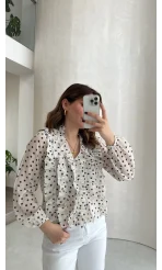 Fırfırlı Puantiye Desenli Gömlek - Bej - Kod: 2271