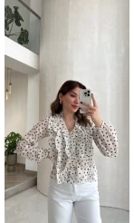 Fırfırlı Puantiye Desenli Gömlek - Bej - Kod: 2271