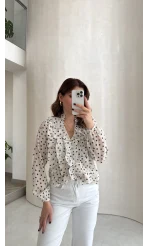 Fırfırlı Puantiye Desenli Gömlek - Bej - Kod: 2271