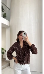 Fırfırlı Puantiye Desenli Gömlek - Kahverengi - Kod: 2271