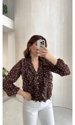 Fırfırlı Puantiye Desenli Gömlek - Kahverengi - Kod: 2271