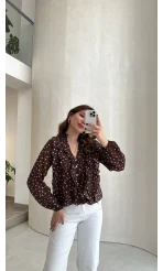 Fırfırlı Puantiye Desenli Gömlek - Kahverengi - Kod: 2271