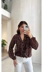 Fırfırlı Puantiye Desenli Gömlek - Kahverengi - Kod: 2271