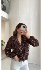 Fırfırlı Puantiye Desenli Gömlek - Kahverengi - Kod: 2271