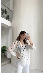 Beli Biyeli Puantiye Desen Gömlek Bluz - Ekru - Kod: 580938