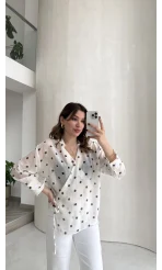 Beli Biyeli Puantiye Desen Gömlek Bluz - Ekru - Kod: 580938