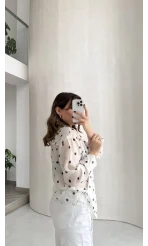 Beli Biyeli Puantiye Desen Gömlek Bluz - Ekru - Kod: 580938