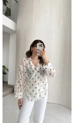 Beli Biyeli Puantiye Desen Gömlek Bluz - Ekru - Kod: 580938