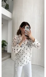 Beli Biyeli Puantiye Desen Gömlek Bluz - Ekru - Kod: 580938