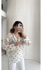 Beli Biyeli Puantiye Desen Gömlek Bluz - Ekru - Kod: 580938
