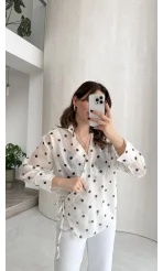 Beli Biyeli Puantiye Desen Gömlek Bluz - Ekru - Kod: 580938
