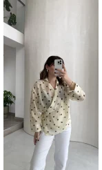Beli Biyeli  Puantiye Desen Gömlek Bluz - Sarı - Kod: 580938