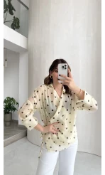 Beli Biyeli  Puantiye Desen Gömlek Bluz - Sarı - Kod: 580938