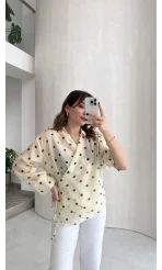 Beli Biyeli  Puantiye Desen Gömlek Bluz - Sarı - Kod: 580938