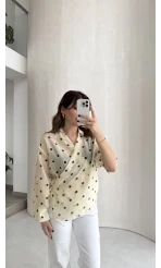 Beli Biyeli  Puantiye Desen Gömlek Bluz - Sarı - Kod: 580938