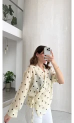 Beli Biyeli  Puantiye Desen Gömlek Bluz - Sarı - Kod: 580938