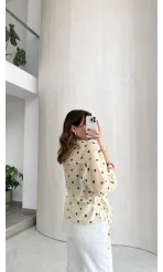 Beli Biyeli  Puantiye Desen Gömlek Bluz - Sarı - Kod: 580938