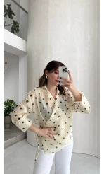 Beli Biyeli  Puantiye Desen Gömlek Bluz - Sarı - Kod: 580938