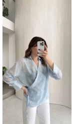 Beli Biyeli Puantiye Desen Gömlek Bluz - Mavi - Kod: 580938