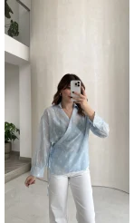 Beli Biyeli Puantiye Desen Gömlek Bluz - Mavi - Kod: 580938