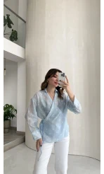 Beli Biyeli Puantiye Desen Gömlek Bluz - Mavi - Kod: 580938