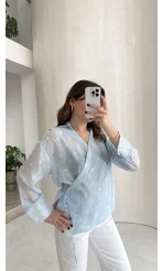 Beli Biyeli Puantiye Desen Gömlek Bluz - Mavi - Kod: 580938