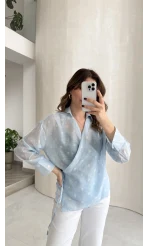 Beli Biyeli Puantiye Desen Gömlek Bluz - Mavi - Kod: 580938