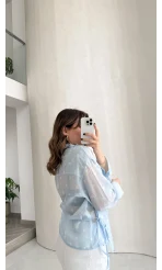 Beli Biyeli Puantiye Desen Gömlek Bluz - Mavi - Kod: 580938