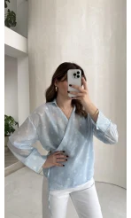 Beli Biyeli Puantiye Desen Gömlek Bluz - Mavi - Kod: 580938