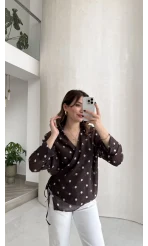 Beli Biyeli Puantiye Desen Gömlek Bluz - Kahverengi - Kod: 580938