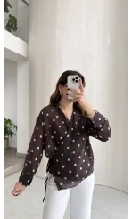 Beli Biyeli Puantiye Desen Gömlek Bluz - Kahverengi - Kod: 580938