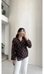 Beli Biyeli Puantiye Desen Gömlek Bluz - Kahverengi - Kod: 580938