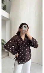 Beli Biyeli Puantiye Desen Gömlek Bluz - Kahverengi - Kod: 580938