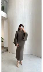 Dökümlü Beli Bağlamalı Modal Elbise - Haki - Kod: 1042