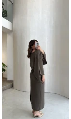 Dökümlü Beli Bağlamalı Modal Elbise - Haki - Kod: 1042