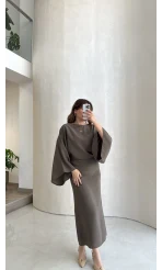 Dökümlü Beli Bağlamalı Modal Elbise - Haki - Kod: 1042