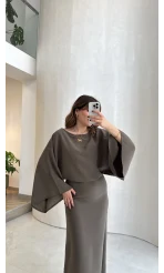 Dökümlü Beli Bağlamalı Modal Elbise - Haki - Kod: 1042