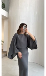 Dökümlü Beli Bağlamalı Modal Elbise - Antrasit - Kod: 1042